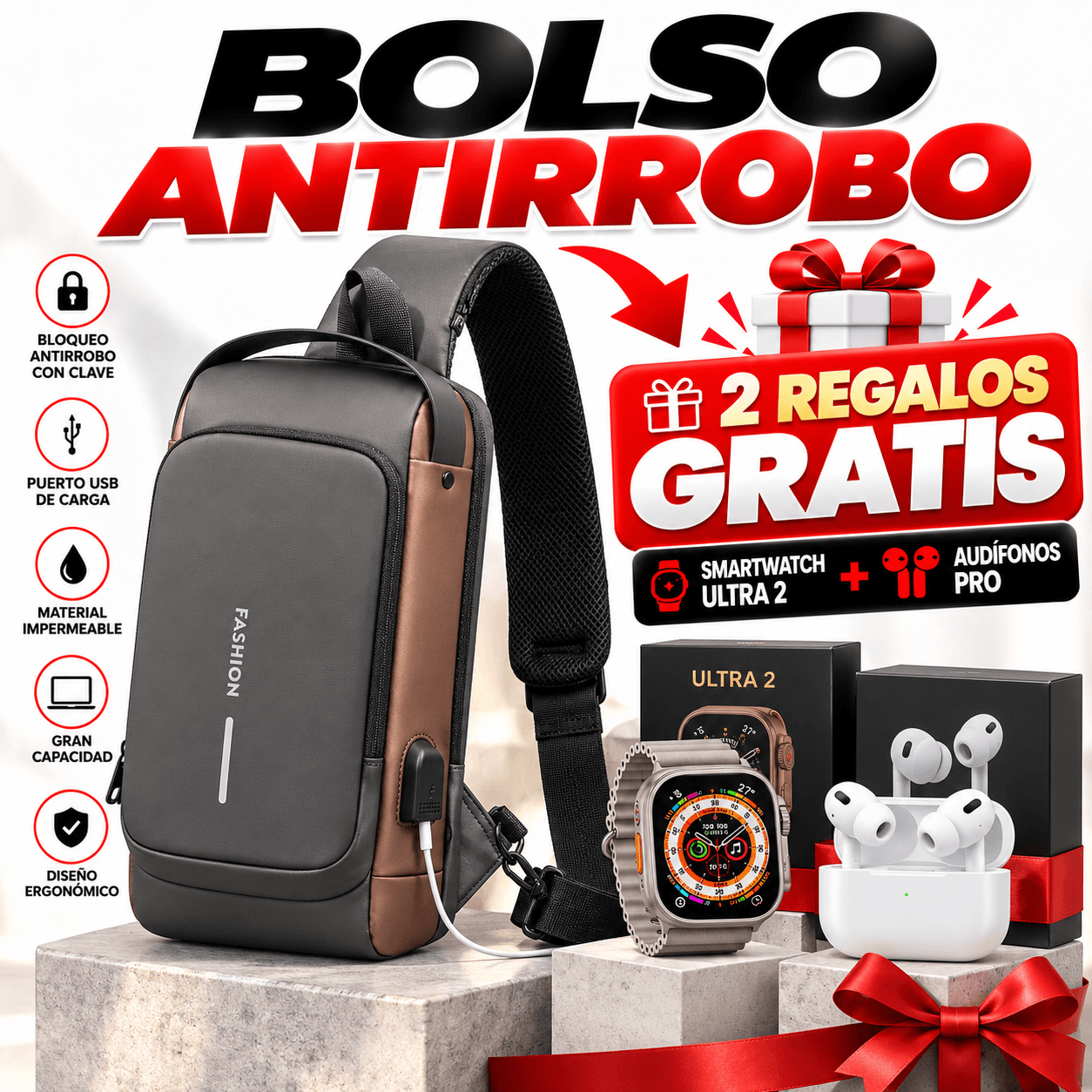 Bolso Antirrobo impermeable USB + Smart Watch Ultra 2  y Auidifonos pro Gratis
